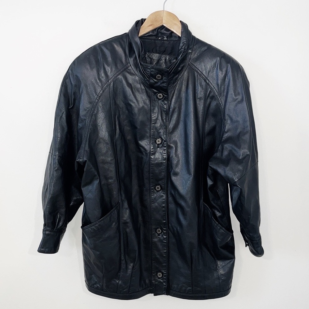 Jacqueline Ferrar Y2K Black Leather Jacket With Button Front Size Medium